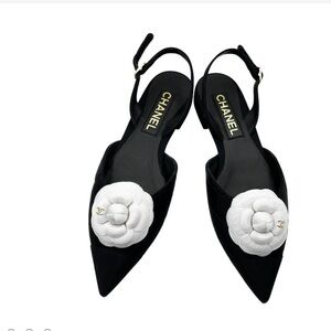 CHANEL Black and White Floral Slingback Flats